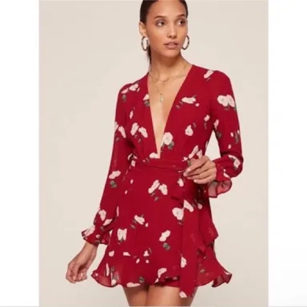 Reformation Red Floral Wrap Dress